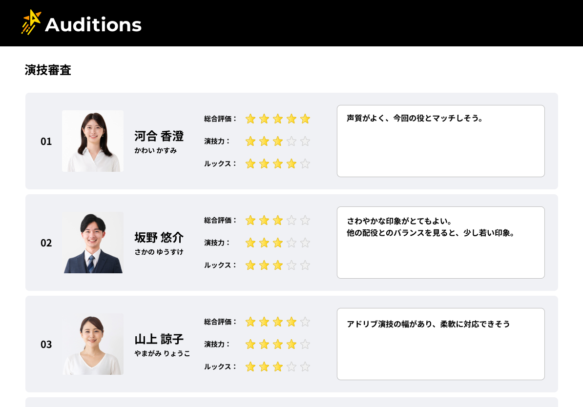 Auditionsアプリ画面